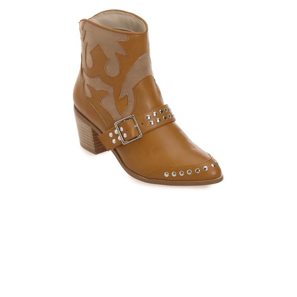 Ashro Camel Silver Farra Stud-Toe Bootie Western Ankle Boots 7.5